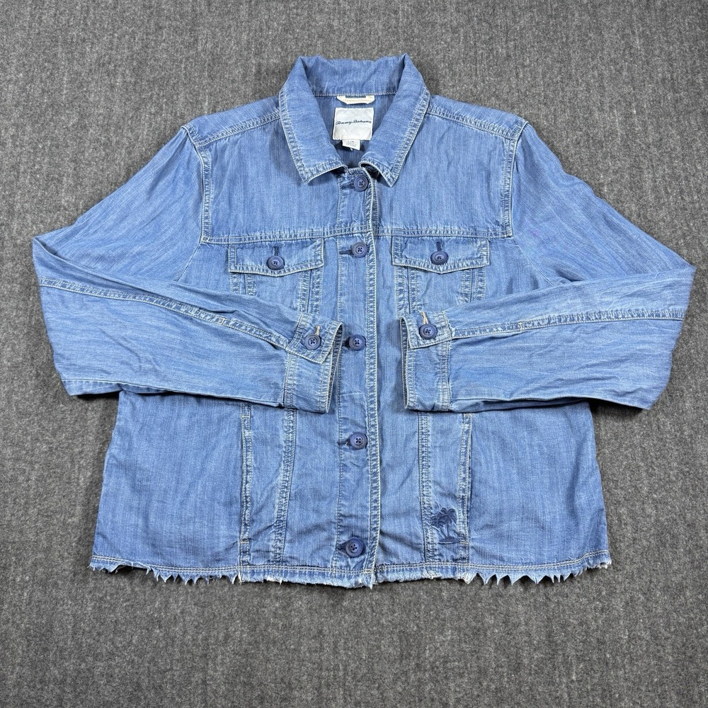 Tommy Bahama Womens L Tencel Denim Jacket Blue Raw Hem Frayed Lightweight
